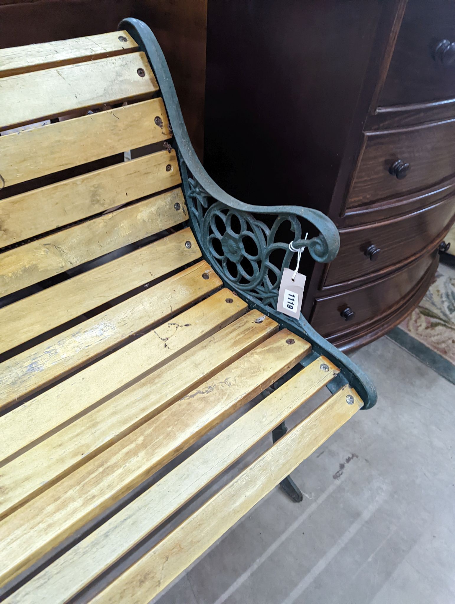 A Victorian style painted aluminium slatted garden bench, length 127cm, depth 60cm, height 70cm